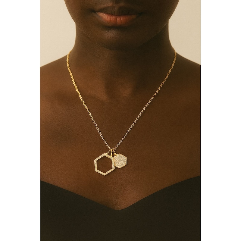 Double Cubic Zirconia Hexagon Charm Necklace - 20 Inch - White