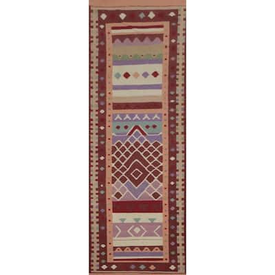 Hand Woven Oriental 100% Wool Carpet Southwestern Tribal Multi-Colored Kilim Runner Rug - 12' 10'' X 3' 3''