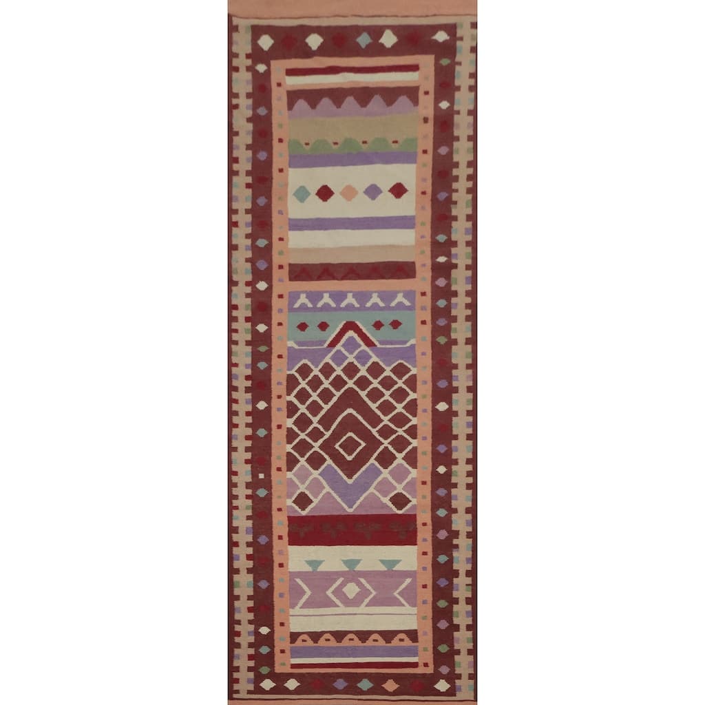Hand Woven Oriental 100% Wool Carpet Southwestern Tribal Multi-Colored Kilim Runner Rug - 12' 10'' X 3' 3''