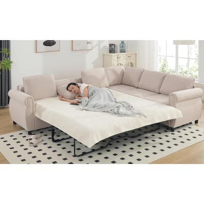 Beige 104'' Large Sleeper Sofa Bed, L-Shaped Sectional Couch