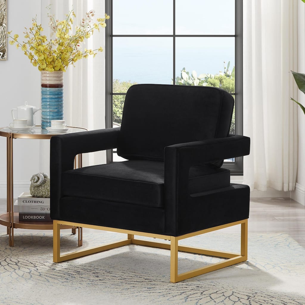 Accent Chair with Gold Metal Base,Velvet Upholstered Leisure Chair with Open Armrest