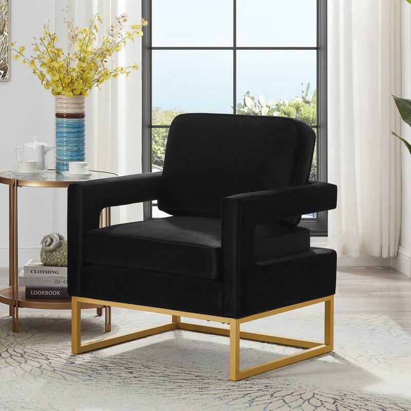 Modern Style Accent Chair with Gold Metal Base , Velvet Upholstered Leisure Chair with Open Armrest, Armchair - Black
