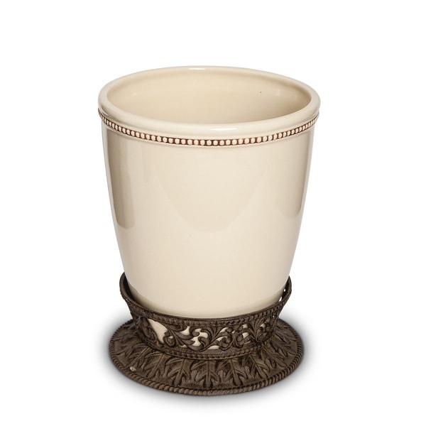 10” Cream and Brown European Styling Acanthus Leaf Base Waste Basket - N/A