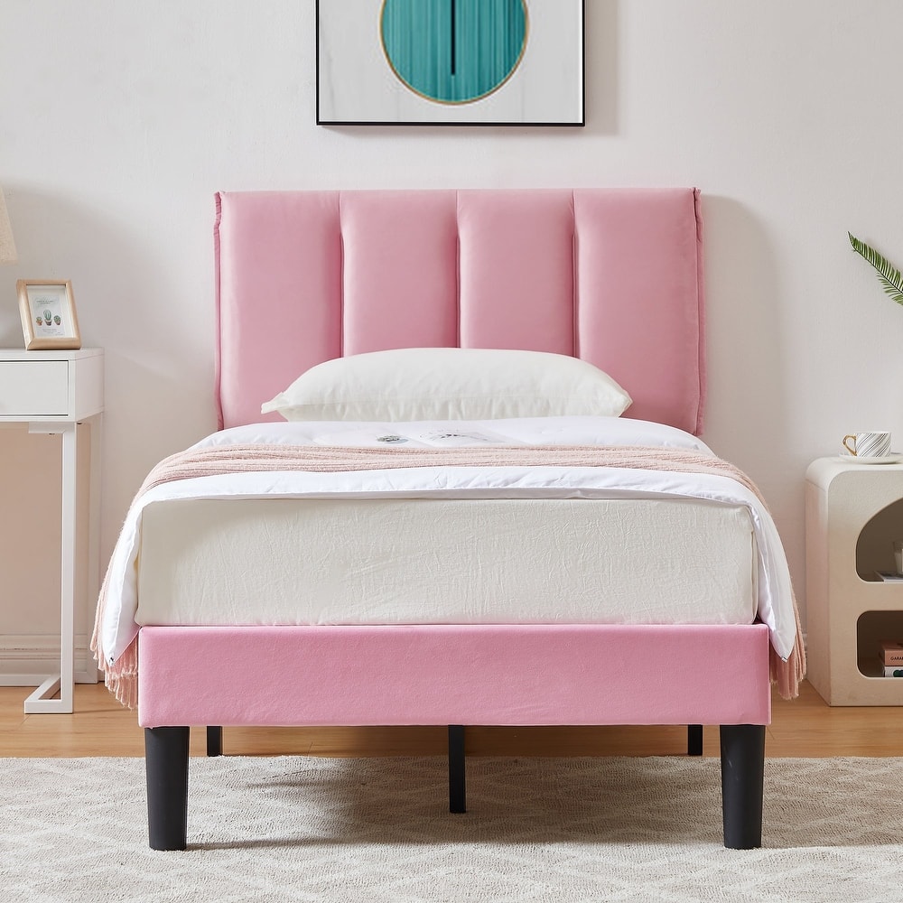 VECELO Pink Tufted Upholstered Platform Bed Frame with Adjustable Height Headboard Twin/Full/Queen Size Beds