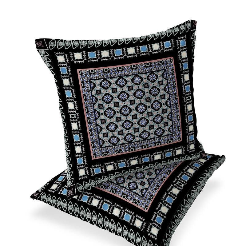 HomeRoots Set of Two 16" X 16" Black and Blue Blown Seam Floral Indoor Outdoor Throw Pillow - 16.00' X '16.00' X '5.00