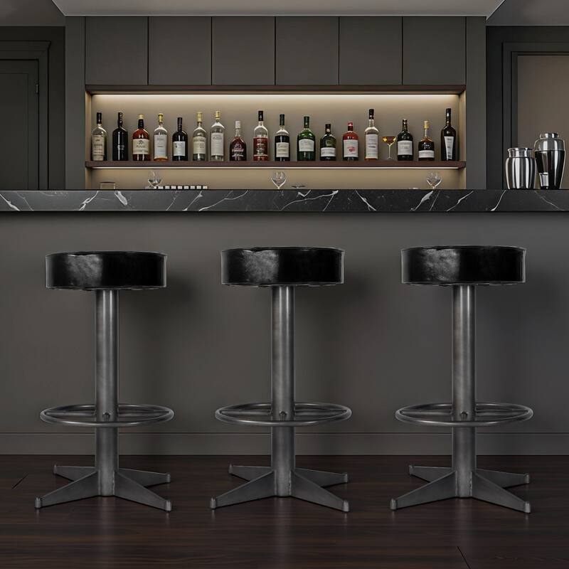 Malcolm 30 in. Seat Height Leather and Iron Bar Stool with Footrest - Black Leather