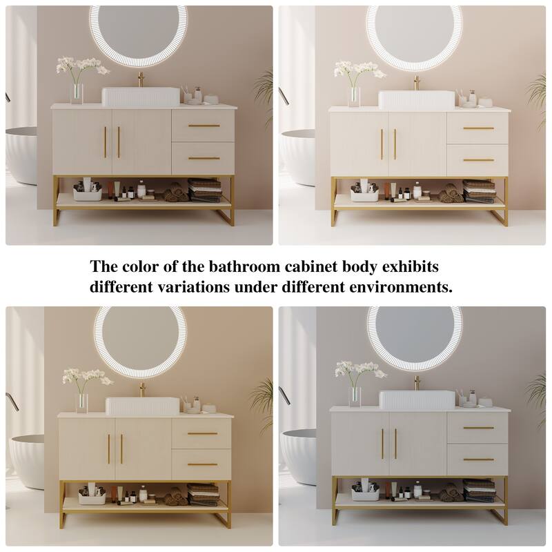 GDFStudio - Modern 47.2" Freestanding Wood Bathroom Vanity with Ceramic Vessel Sink, Gold Accent & Soft-Close Drawers
