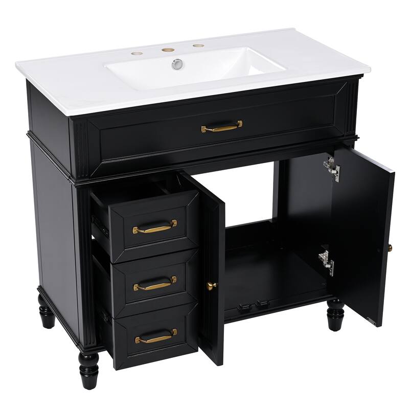 Stylish 36" Bathroom Vanity with 2 Different Sizes Drawers, Black Wooden Storage Cabinet, White Ceramic Sink and Gold Handles