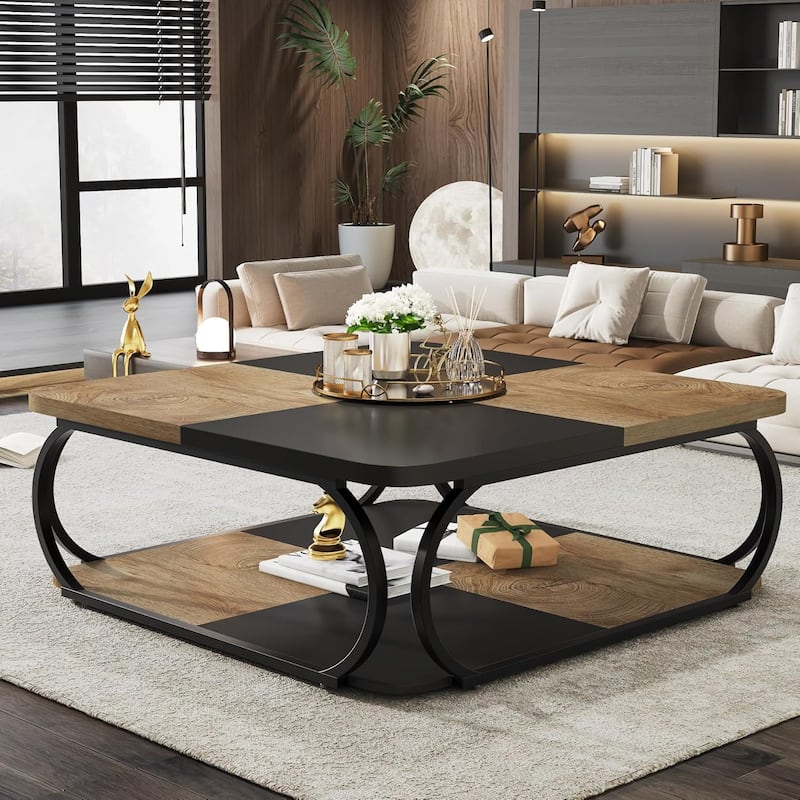 39" Large Square Wood Coffee Table, 2 Tier Tea Table with Storage Shelf, Center Table for Living Room & Home Office