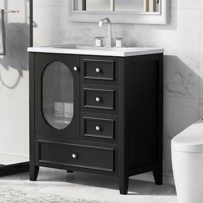 30" Bathroom Vanity with Sink, Bathroom Vanity Cabinet with Three Drawers and Door, Solid Wood and MDF, Black