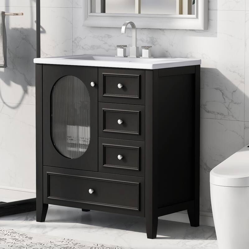 30" Bathroom Vanity with Sink, Bathroom Vanity Cabinet with Three Drawers and Door, Solid Wood and MDF - Black