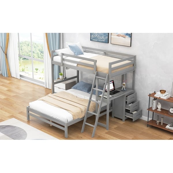 slide 2 of 13, Grey Twin over Full,Side 3-drawer-desk, Convertible Separated to 2 Bed Grey - Full