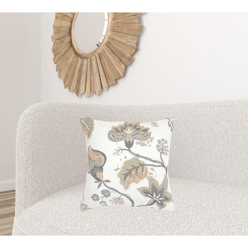 HomeRoots White Floral Jacobean Pattern Throw Pillow