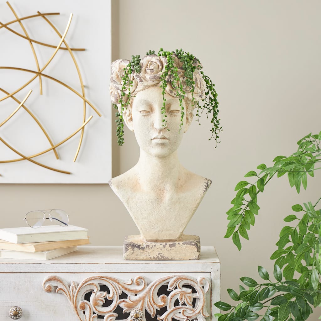 Cream Magnesium Oxide Distressed Antique Greek Bust Woman Indoor Outdoor Planter with Floral Accents
