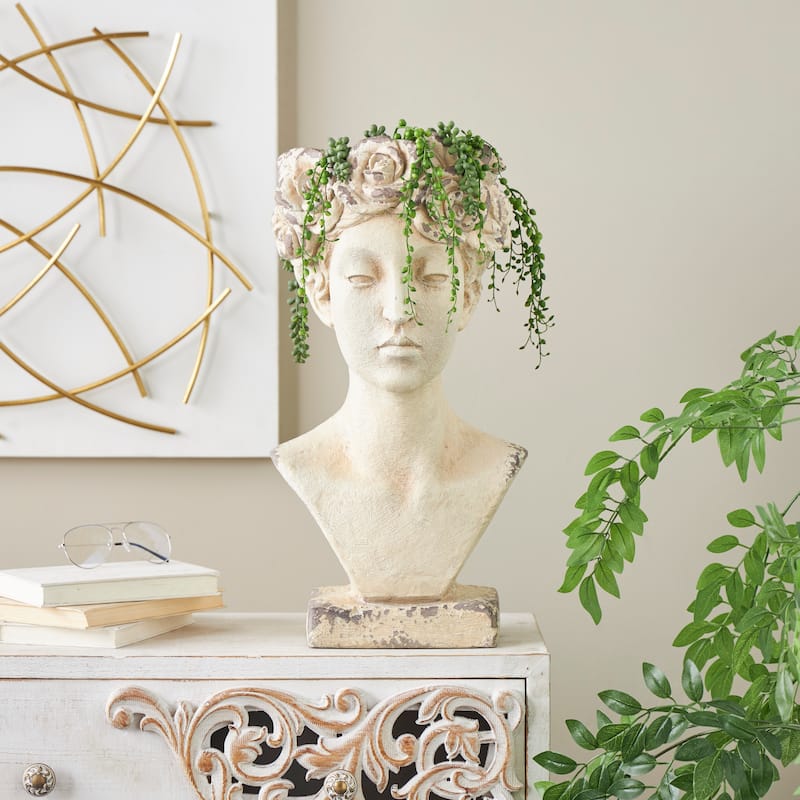 Cream Magnesium Oxide Distressed Antique Greek Bust Woman Indoor Outdoor Planter with Floral Accents - Cream