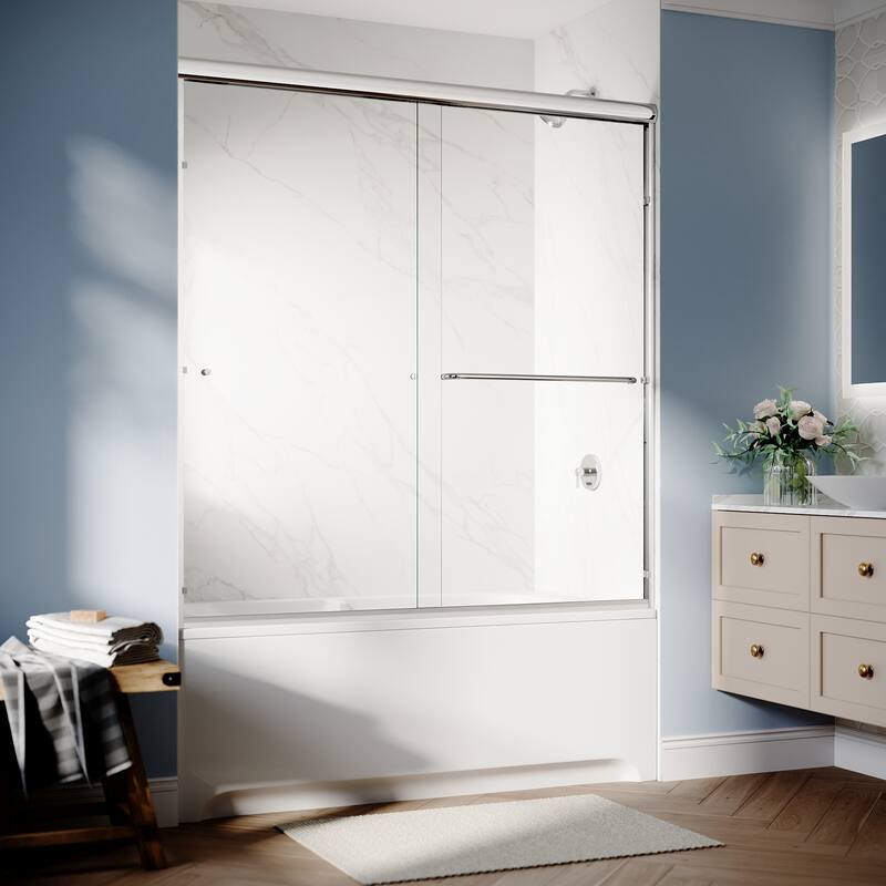 Elegant Double Sliding Shower Door 60" W x 62" H Bathtub Door with 1/4'' in Clear Tempered Glass Tub Door - Chrome