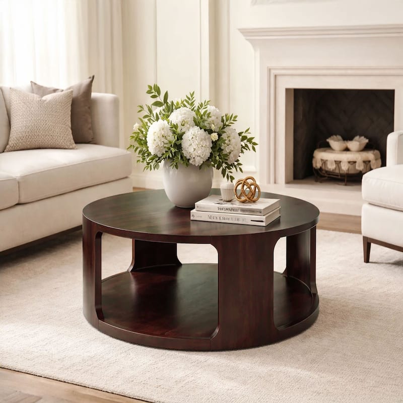 Bard Coffee Table, 38 Inch Round Top with Shelf, Walnut Brown Mango Wood Sculptural Frame - Walnut Brown
