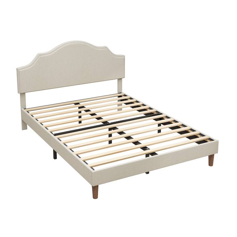 Queen Upholstered Platform Bed with Adjustable Headboard, Linen Fabric, No Box Spring Needed, Beige