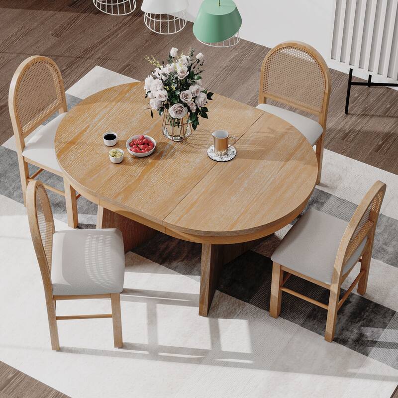 5-Piece Round Dining Table Set for 4, Retro Extendable dining table set with 4 Upholstered Chairs