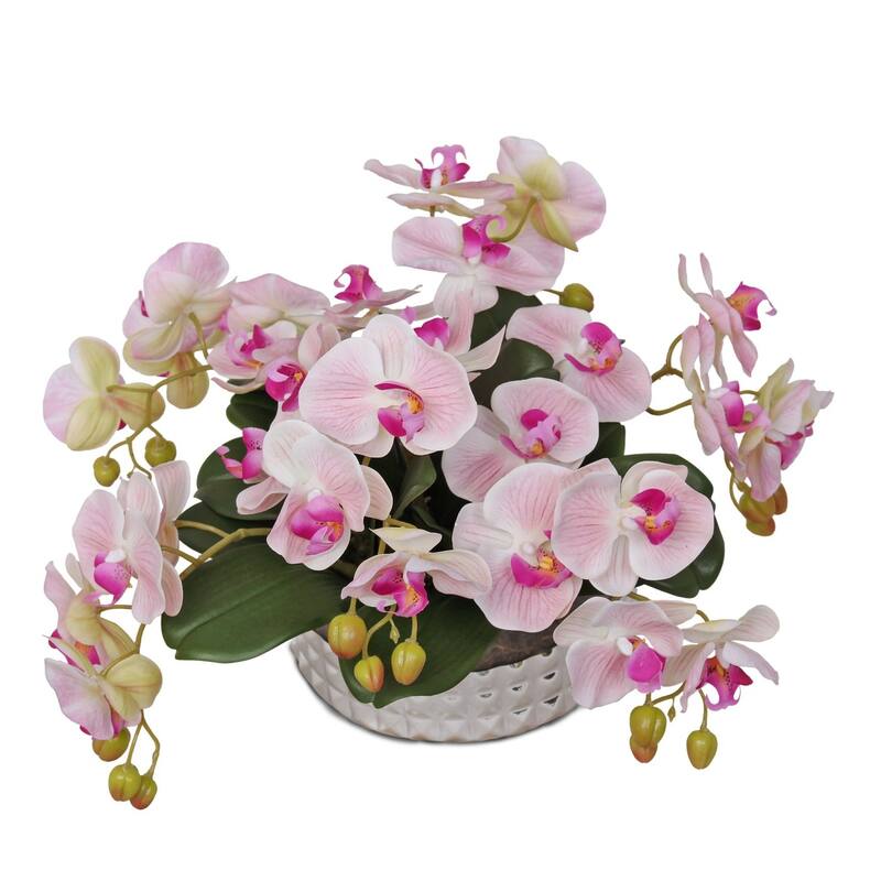 Real Touch Pink Orchid Flower Arrangement in Silver Glass Round Bowl - 16W x 16D x 8.25H