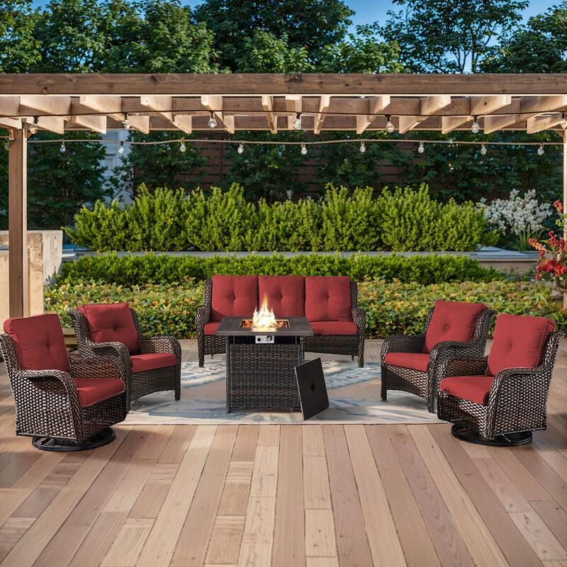 Gymojoy 6-Piece Outdoor Wicker Patio Furniture with Fire Pit Table, Rattan Coversation Set with Water Resistant Thick Cushions - Brown Wicker / Red Cusion - 6-Piece