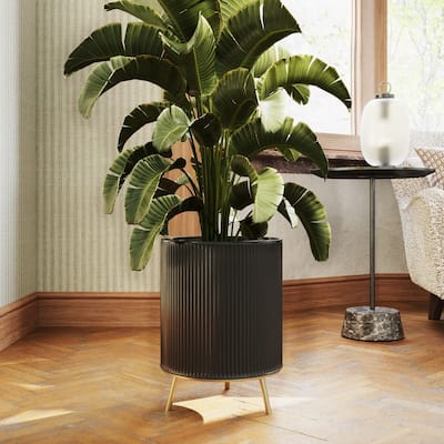 Everett Black Mid-Century Modern Indoor Metal Pot Planter with 3-Leg Metal Base