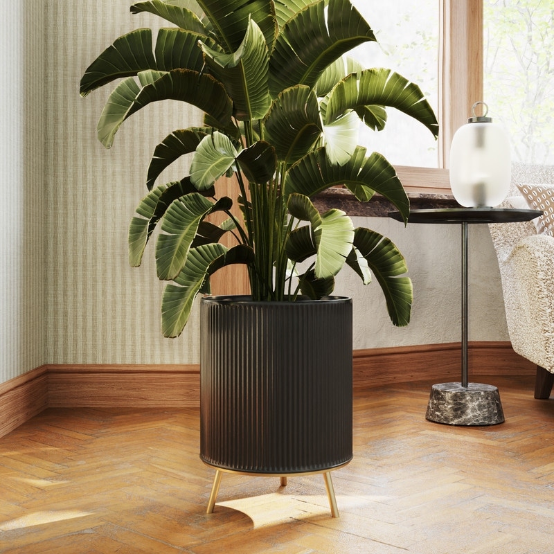 Everett Black Mid-Century Modern Indoor Metal Pot Planter with 3-Leg Metal Base