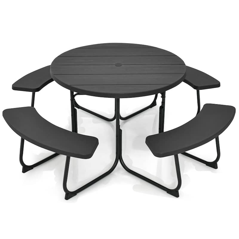 Outdoor Round Picnic Table Bench Set with 4 Benches & Umbrella Hole - Black