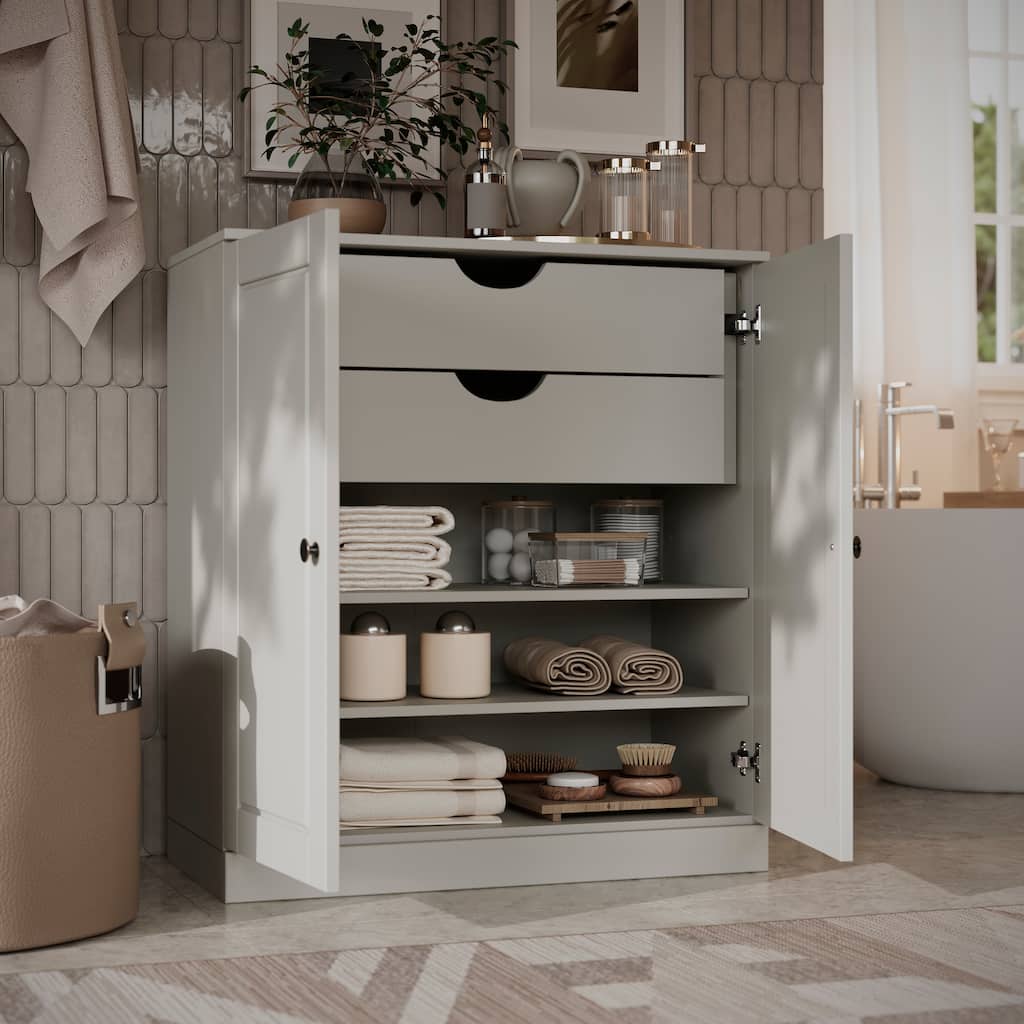 Solid Wood Short Freestanding Bathroom Linen Cabinet with Doors & Drawers, Adjustable Shelves, Modular Storage, 32" W x 35.75" H