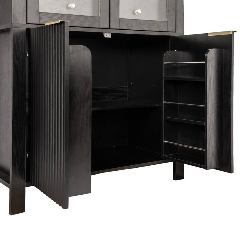 71" Tall Fluted Arched Pantry Cabinet with Glass Doors and Adjustable Shelves for Elegant Kitchen Storage