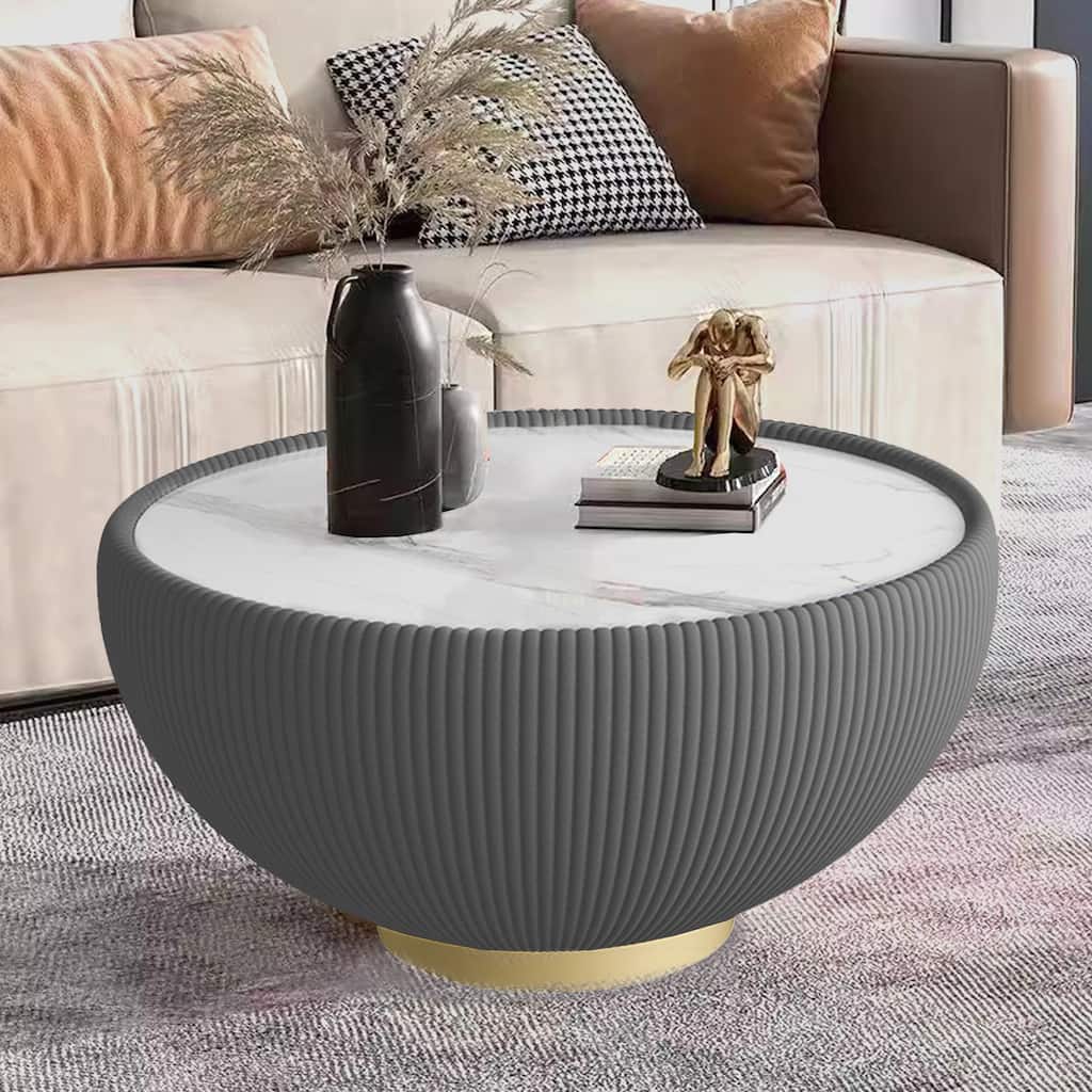 Light Sintered Stone Cup Shape Leather Coffee Table - Unique Grey Pattern