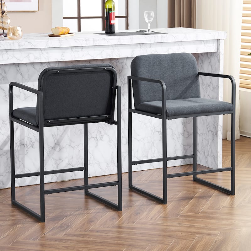Modern Counter Height Bar Stool Set of 2, Upholstered Bar Stools with Armrests, Footrest Bar Chairs with Metal Frame