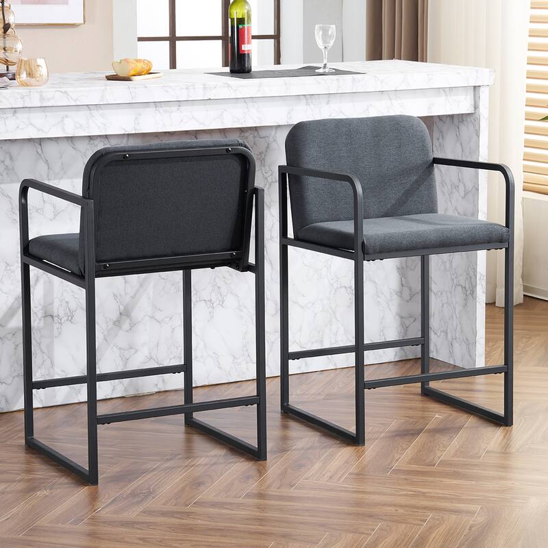 Upholstered Counter Height Bar Stool Set of 2, Armchair with Metal Frame