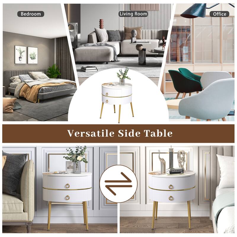 Myhozm Round End Table with Storage, Barrel-Shaped Nightstand for Living Room, Bedroom