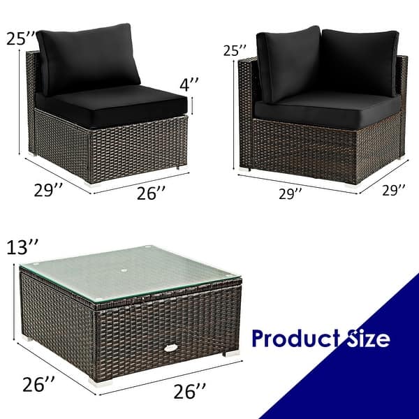 dimension image slide 1 of 5, Costway 5PCS Patio Rattan Furniture Set Cushioned Sofa & Chair Coffee