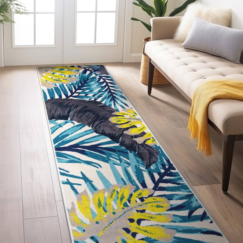 Contemporary Tropical Floral Leaves Non Slip Area Rug - Blue - 2' x 7' - Runner