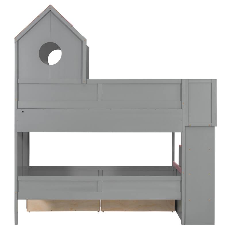 Twin Over Twin Bunk Bed with Stairs, LED Lights, Storage Drawers, House Shaped Wood Loft Bed with Guardrail