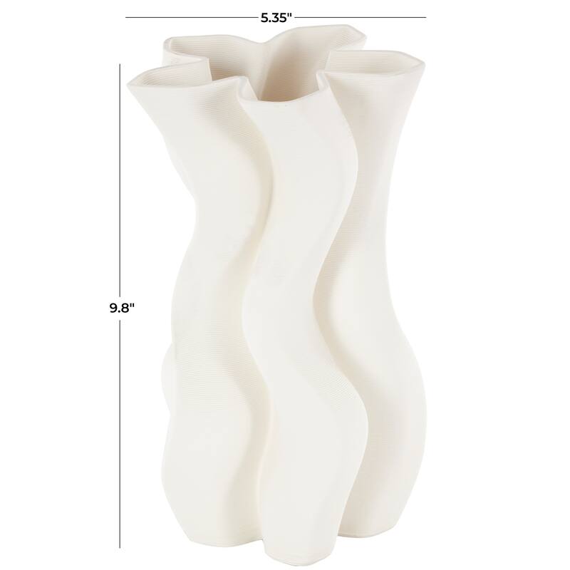 White Ceramic Ribbed Dimensional Wavy Abstract Vase with Floral Shaped Rim