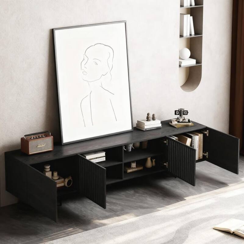 94.48 Inch Extra Long Black TV Stand with Slatted Doors, Modern Entertainment Center for TVs up to 100 Inches,