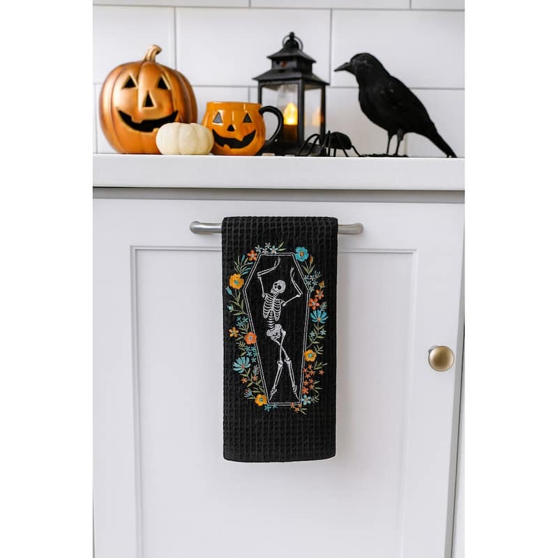 Halloween Dance Black Cotton Waffle Weave Dishtowel