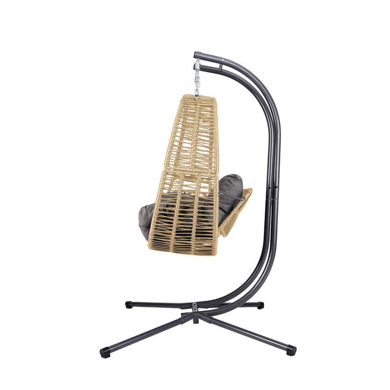 Double Hanging Egg Chair with Stand, Oversized 2 Person Wicker Rattan Swing Chair w/Convertible Armrest, Heavy Duty Frame