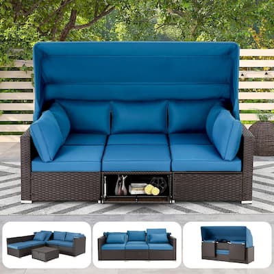 Erommy 6-Piece Patio Set - Rattan Daybed with Canopy & Adjustable Backrest
