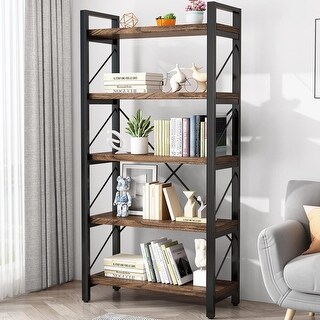 5-Tier Rustic Solid Wood Industrial Bookcase with Metal Frame, Vintage ...