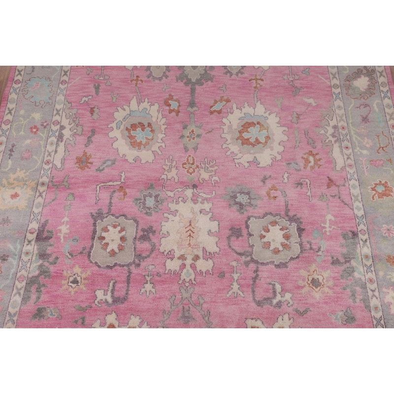 Pink Floral Oushak Oriental Area Rug Hand-Knotted Wool Carpet - 8'8"x 11'9"
