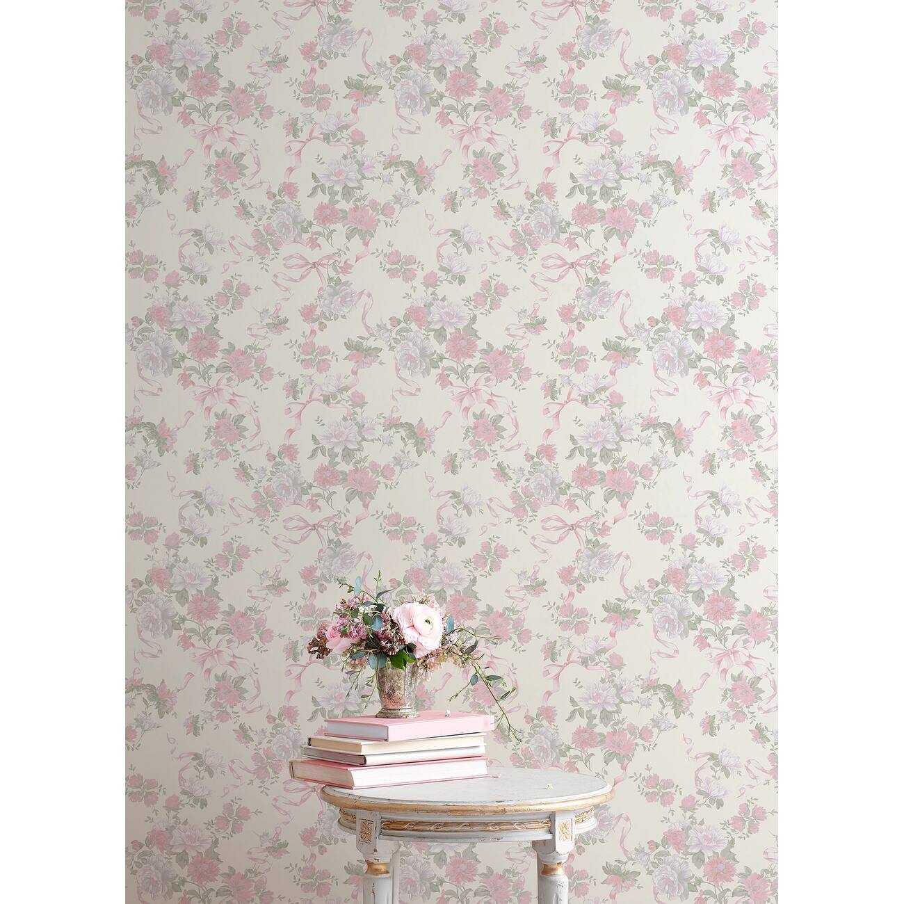 Cabbage Rose Bow Pretty in Pink Ribbons and Roses Wallpaper - On Sale ...