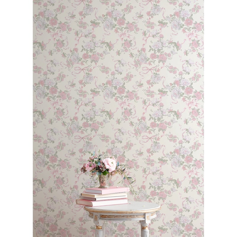 Cabbage Rose Bow Pretty in Pink Ribbons and Roses Wallpaper