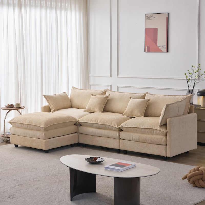 Upholstered Soft Chenille Fabric Sofa,3 Seater with Ottoman L Shape Sofa