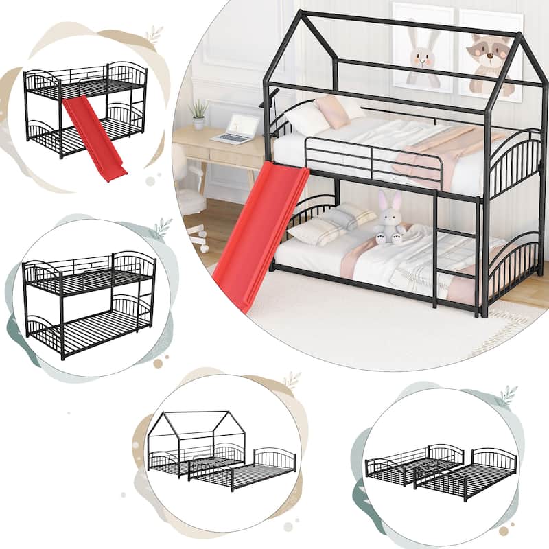 Kids House Bed, Metal Bunk Bed with Slide