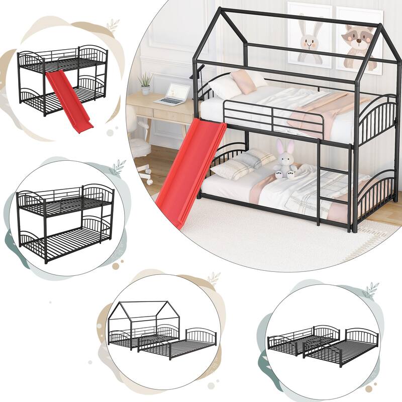 Twin Size Metal Playhouse-shaped Canopy Bunkbed with Slide