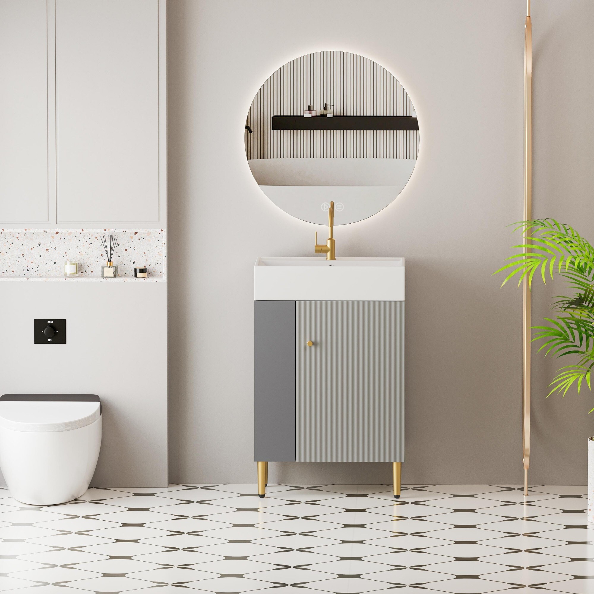 Bathroom vanity with right door opening and left open shelf